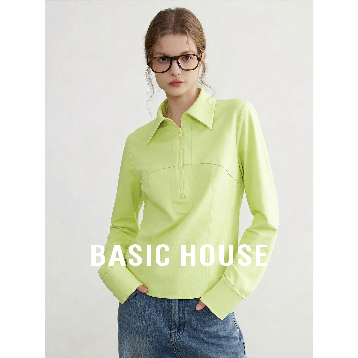 Basic House/百家好绿色polo领长袖衬衫女春季新款亮眼吸睛衬衣