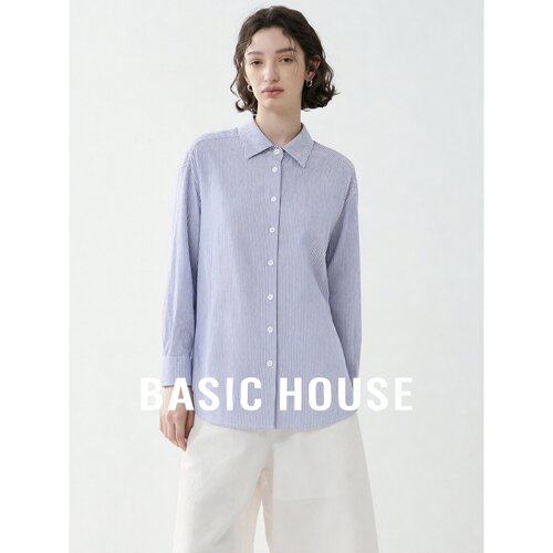 Basic House/百家好棉质蓝色条纹衬衫女宽松翻领长袖百搭透气衬衣