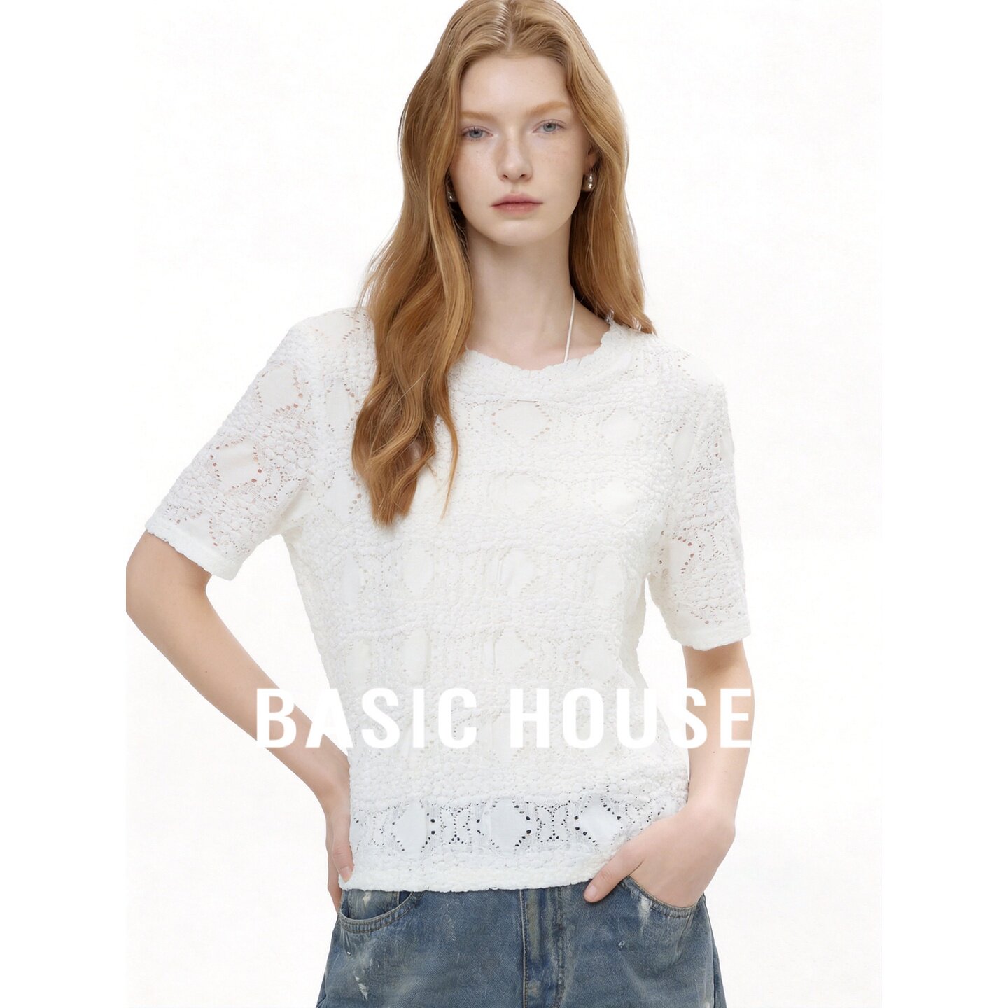 Basic House/百家好白色镂空蕾丝短袖T恤女夏薄款设计感显瘦上衣