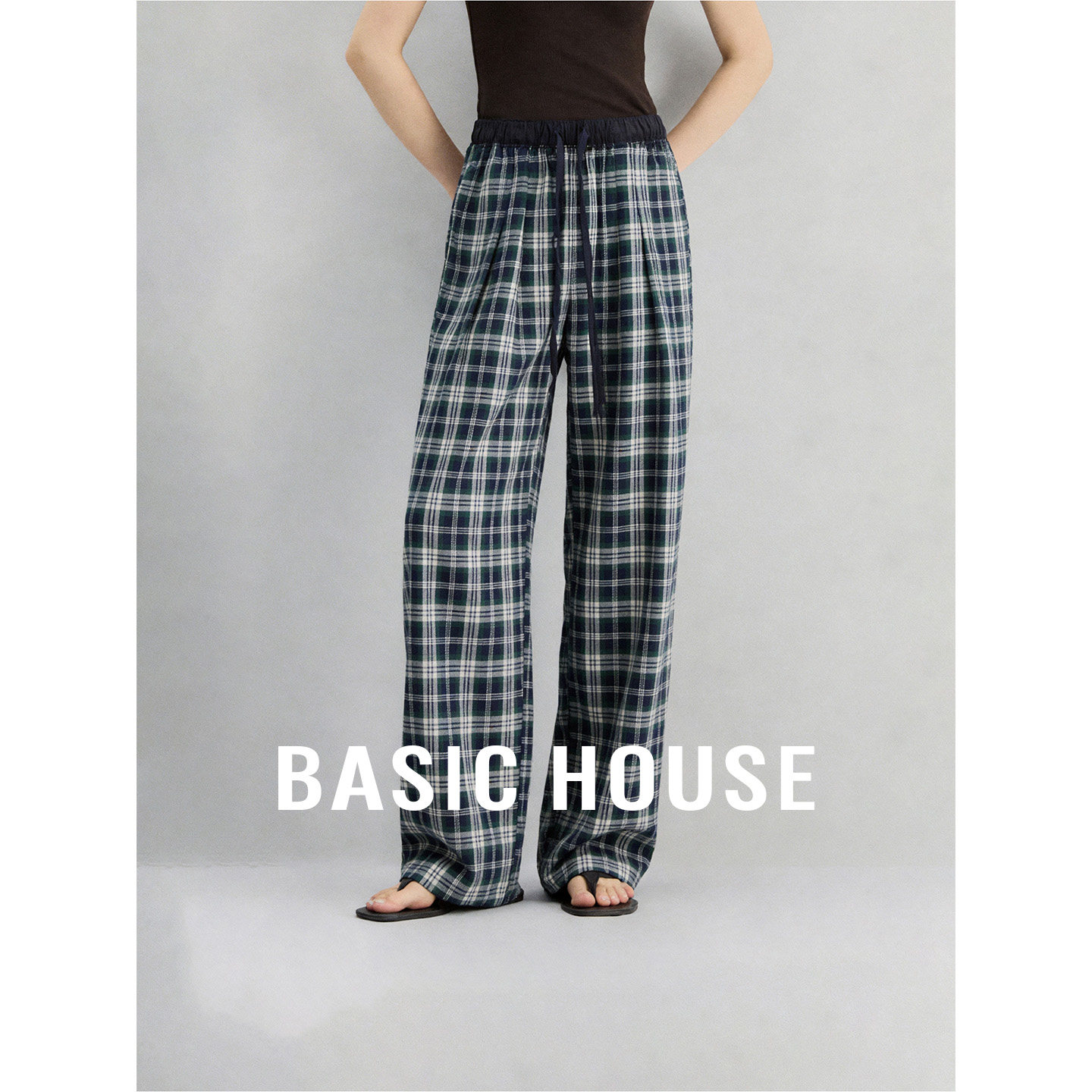Basic House/百家好绿色格子休闲长裤女夏季新款宽松百搭直筒裤