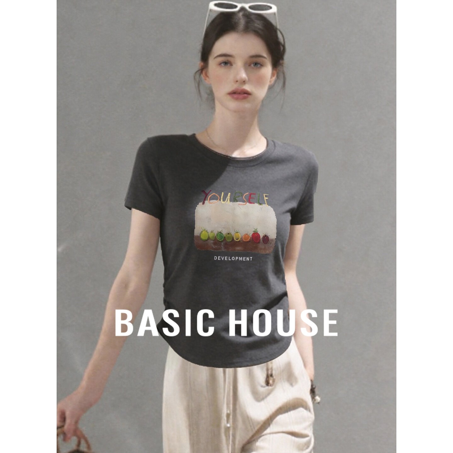 Basic House/百家好油画番茄短袖T恤女夏季收腰显瘦短款正肩上衣