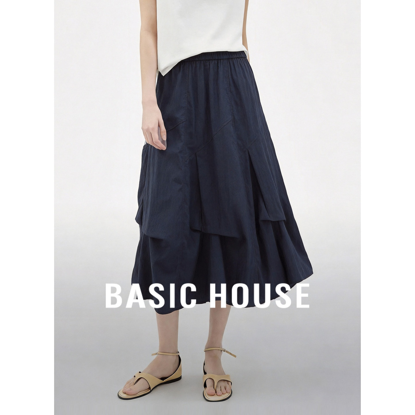 Basic House/百家好褶皱不规则半身裙女夏季松紧腰显瘦层次感半裙