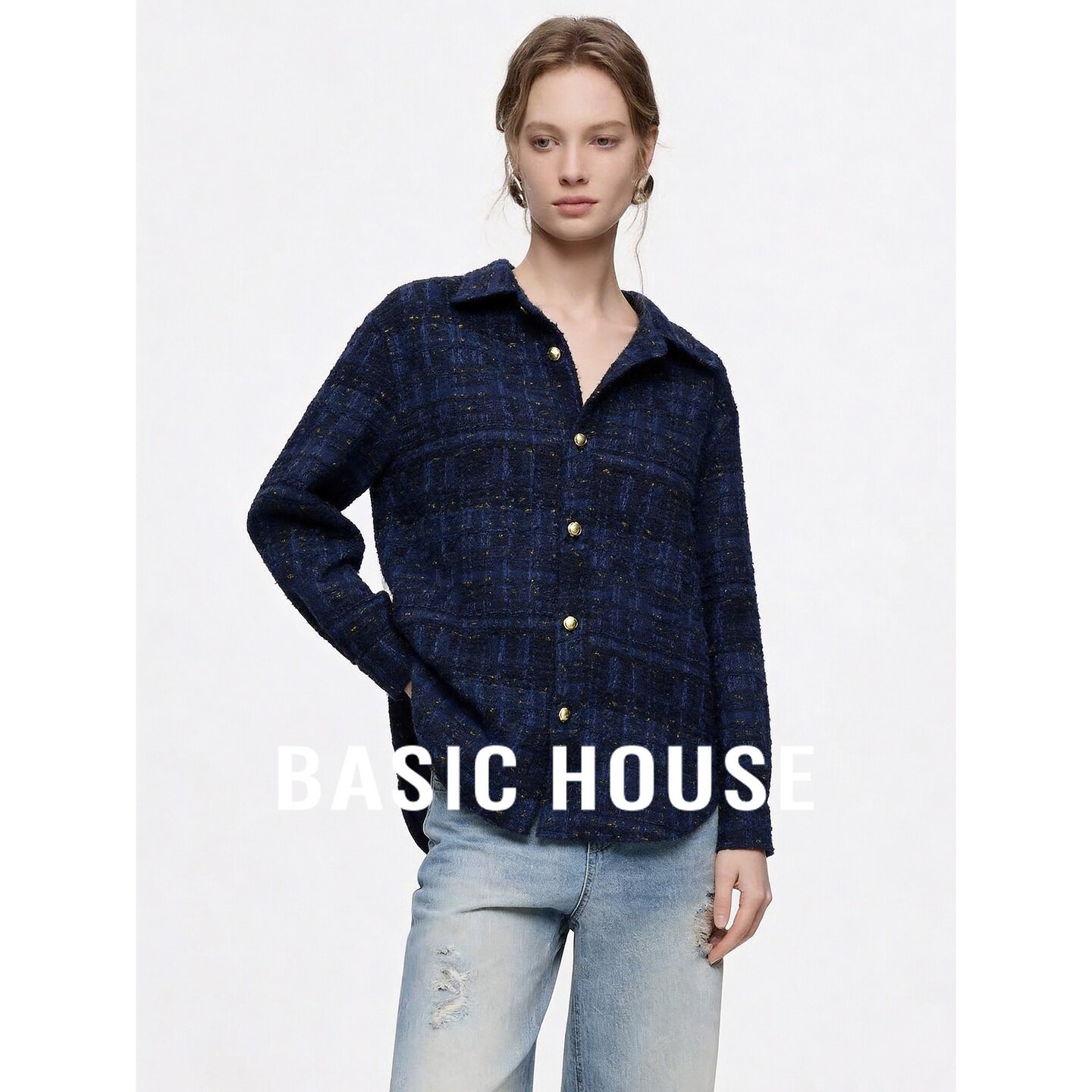 Basic House/百家好小香风粗花呢短外套女蓝色翻领金属扣早秋外套
