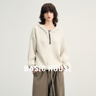 百家好柔软亲肤绵羊毛半拉链连帽极简宽松廓形针织衫 Basic House
