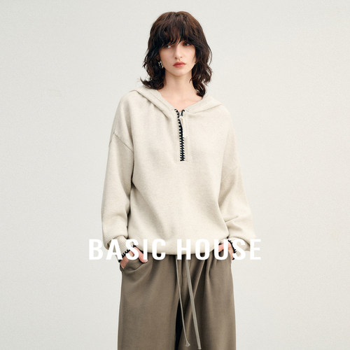 Basic House/百家好柔软亲肤绵羊毛半拉链连帽极简宽松廓形针织衫