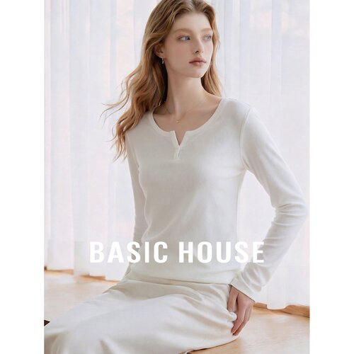 Basic House/百家好白色桑蚕丝V领长袖T恤女修身显瘦百搭针织上衣