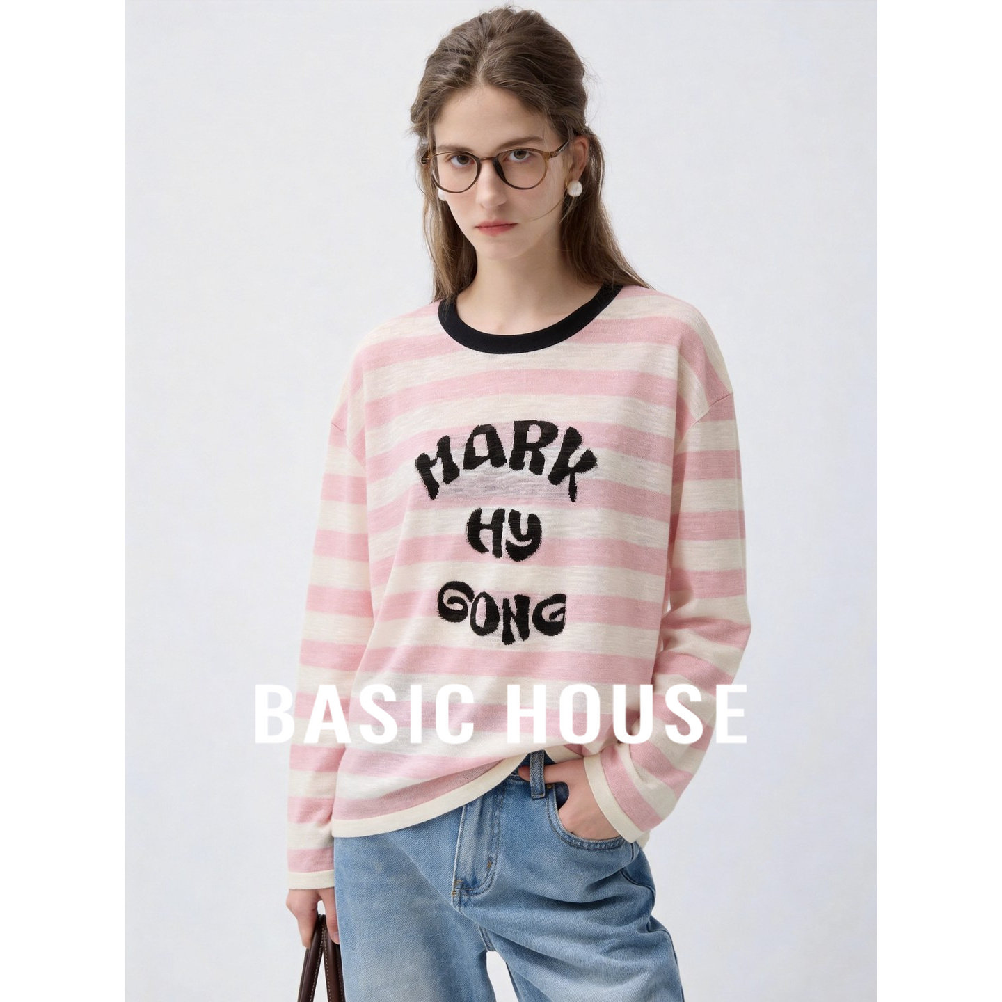Basic House/百家好撞色条纹字母印花圆领针织衫女夏长袖防晒罩衫