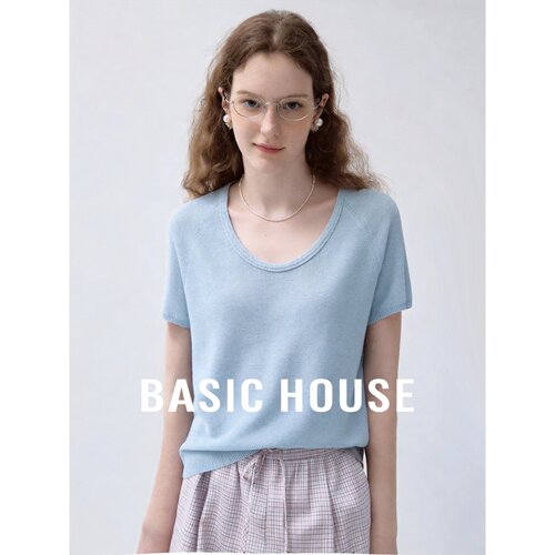 Basic House/百家好莱赛尔极简风U领短袖针织衫宽松显瘦百搭上衣
