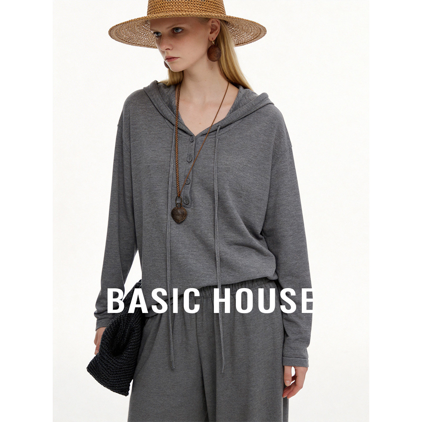 Basic House/百家好休闲套装女26秋季灰色连帽针织衫休闲裤两件套