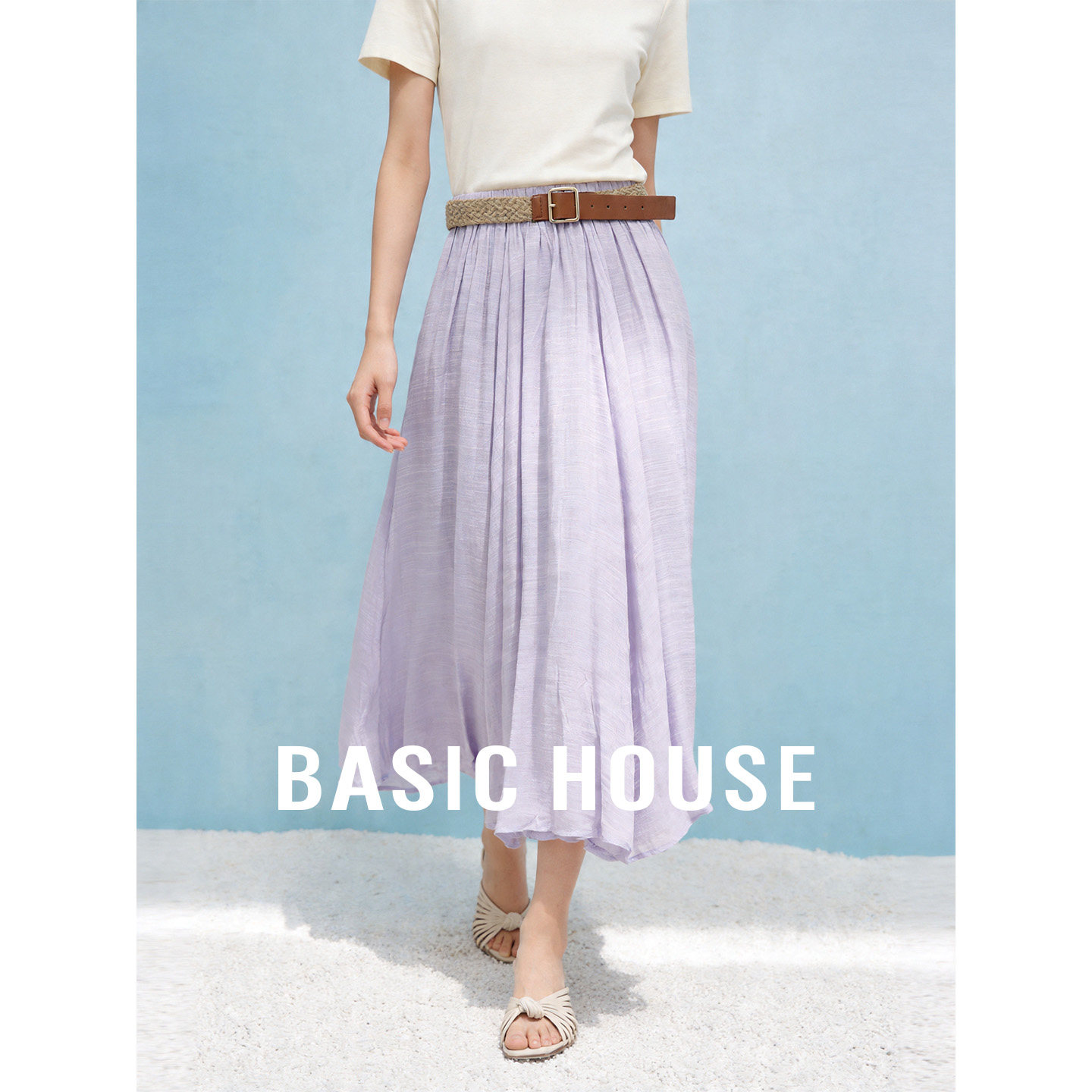 Basic House/百家好高腰腰带宽松显瘦半身裙女夏季中长A字大摆裙