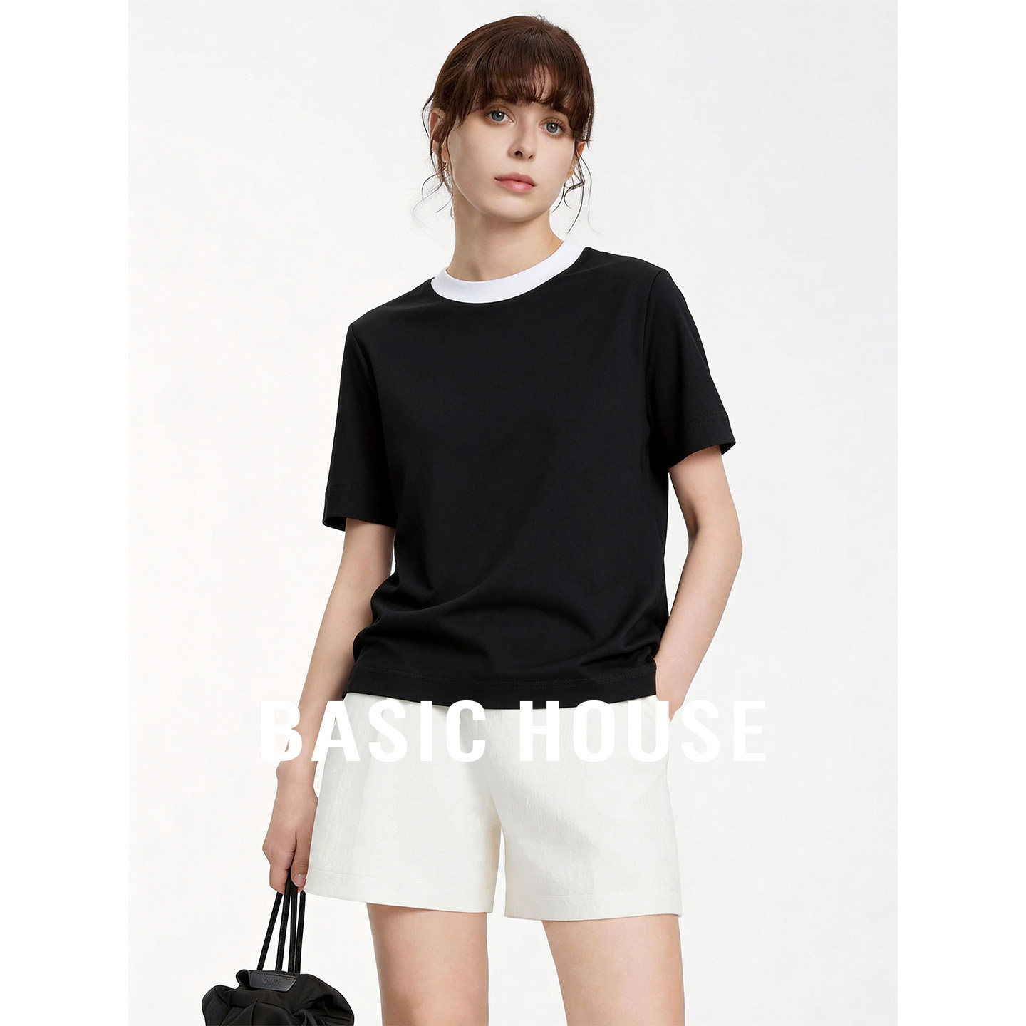 Basic House/百家好撞色圆领短袖T恤女夏季新款宽松套头短款上衣