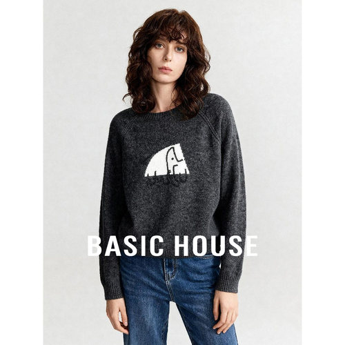 Basic House/百家好圆领刺绣设计套头毛衣女秋冬新款保暖百搭上衣