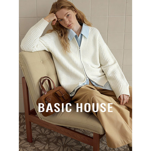 Basic House/百家好纯色百搭简约半高领羊毛开衫女秋季保暖上衣