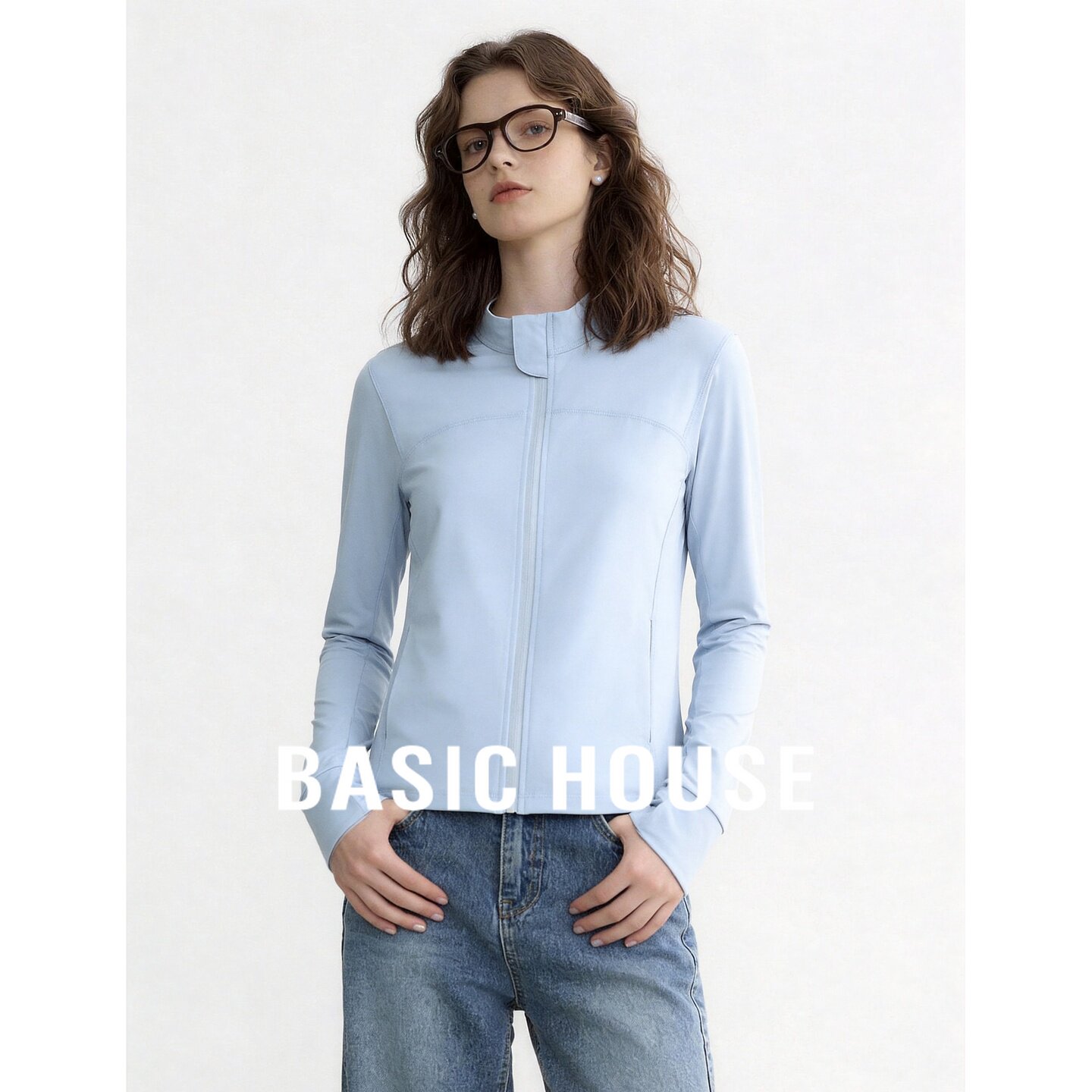 Basic House/百家好立领拉链防晒服女长袖短款简约修身型通勤外套