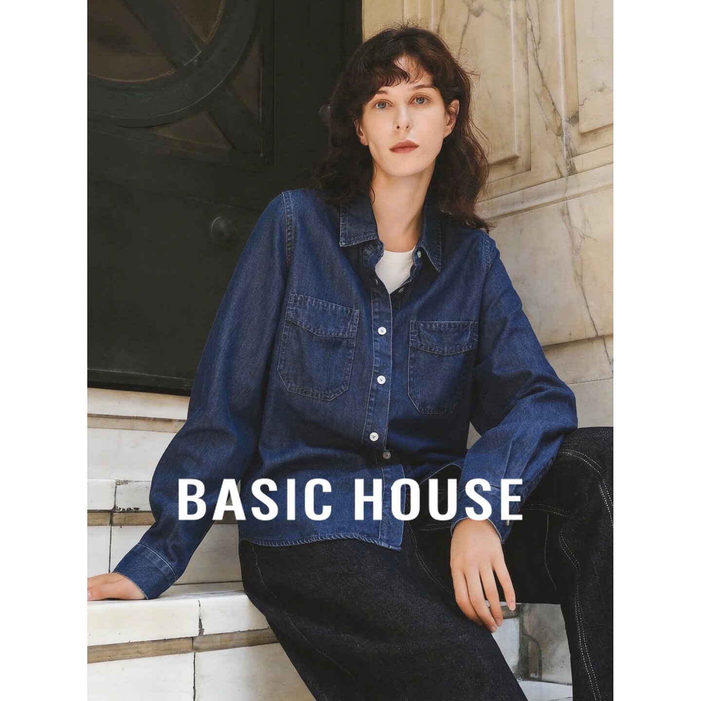 Basic House/百家好莱赛尔牛仔风宽松中长翻领口袋长袖衬衫外套