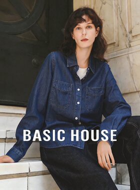 Basic House/百家好莱赛尔牛仔风宽松中长翻领口袋长袖衬衫外套