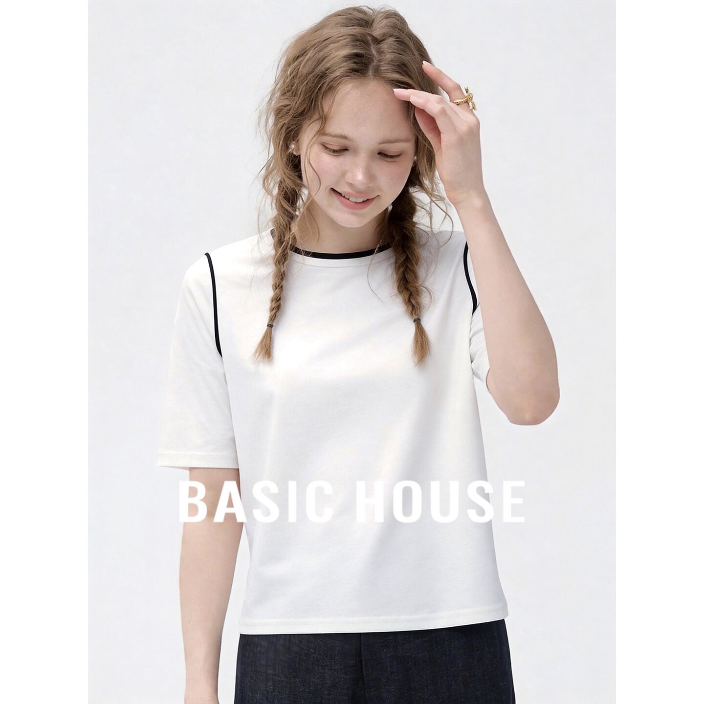 Basic House/百家好莫代尔短袖T恤女夏圆领宽松拼接设计极简白色