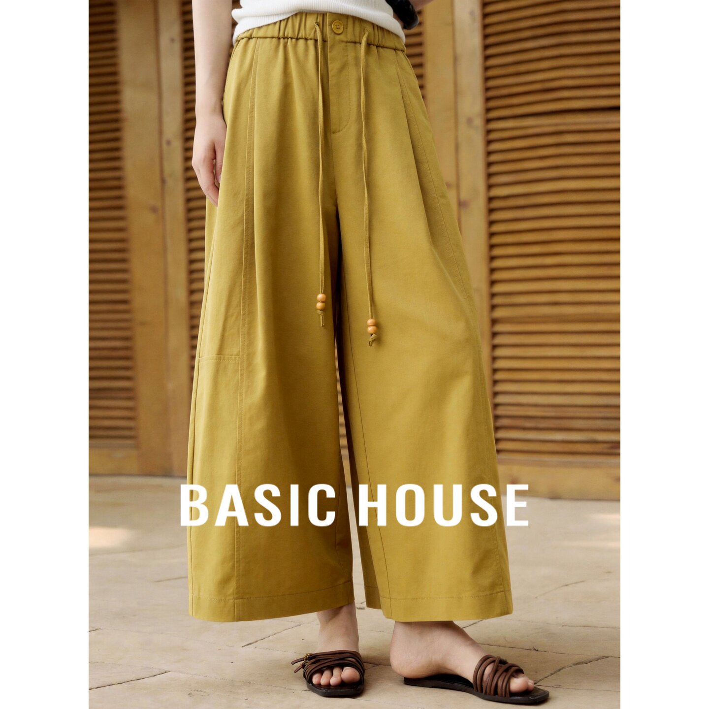 Basic House/百家好2026夏季黄色遮肉直筒阔腿裤女舒适休闲九分裤