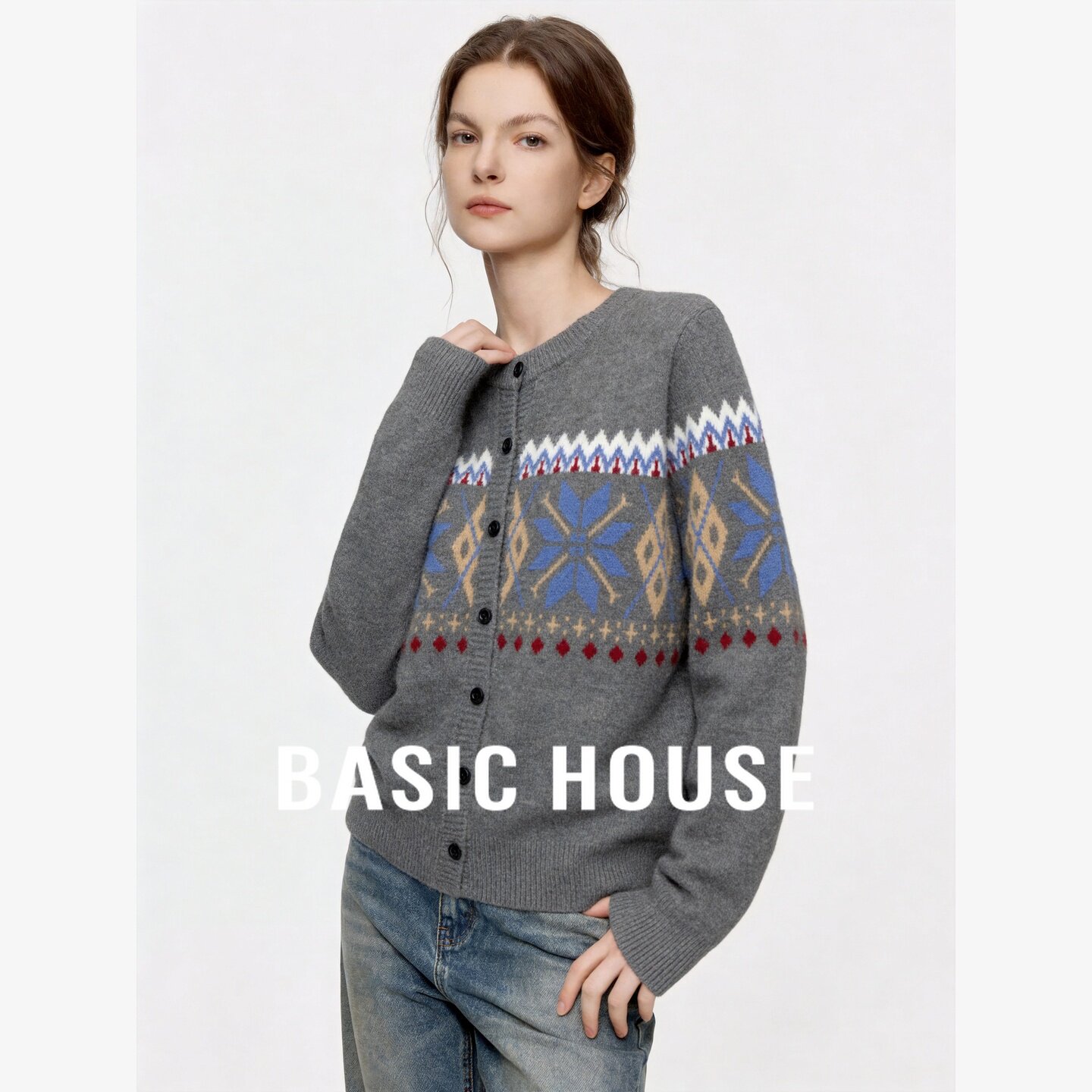 Basic House/百家好费尔岛风菱格格纹提花针织开衫单排扣毛衣外套