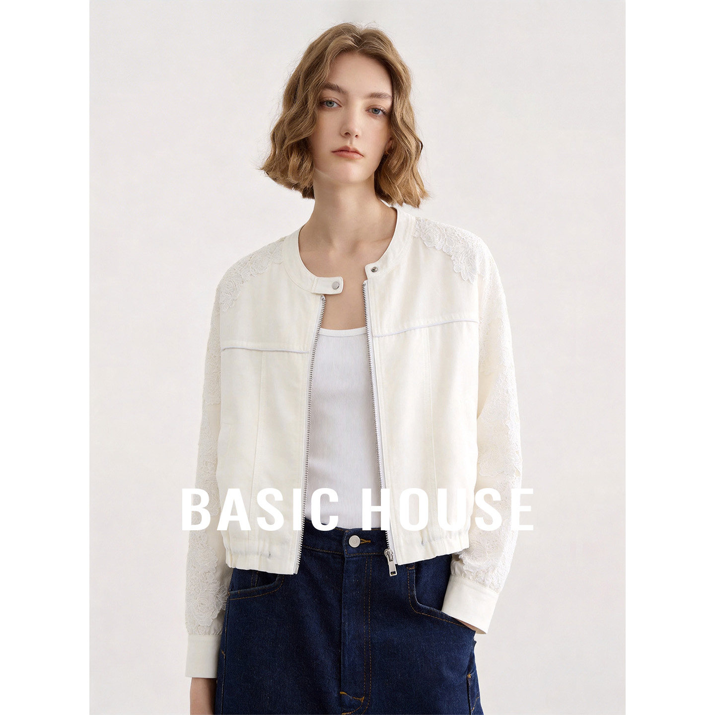 Basic House/百家好蕾丝拼接短款外套女2026夏季新款长袖夹克衫