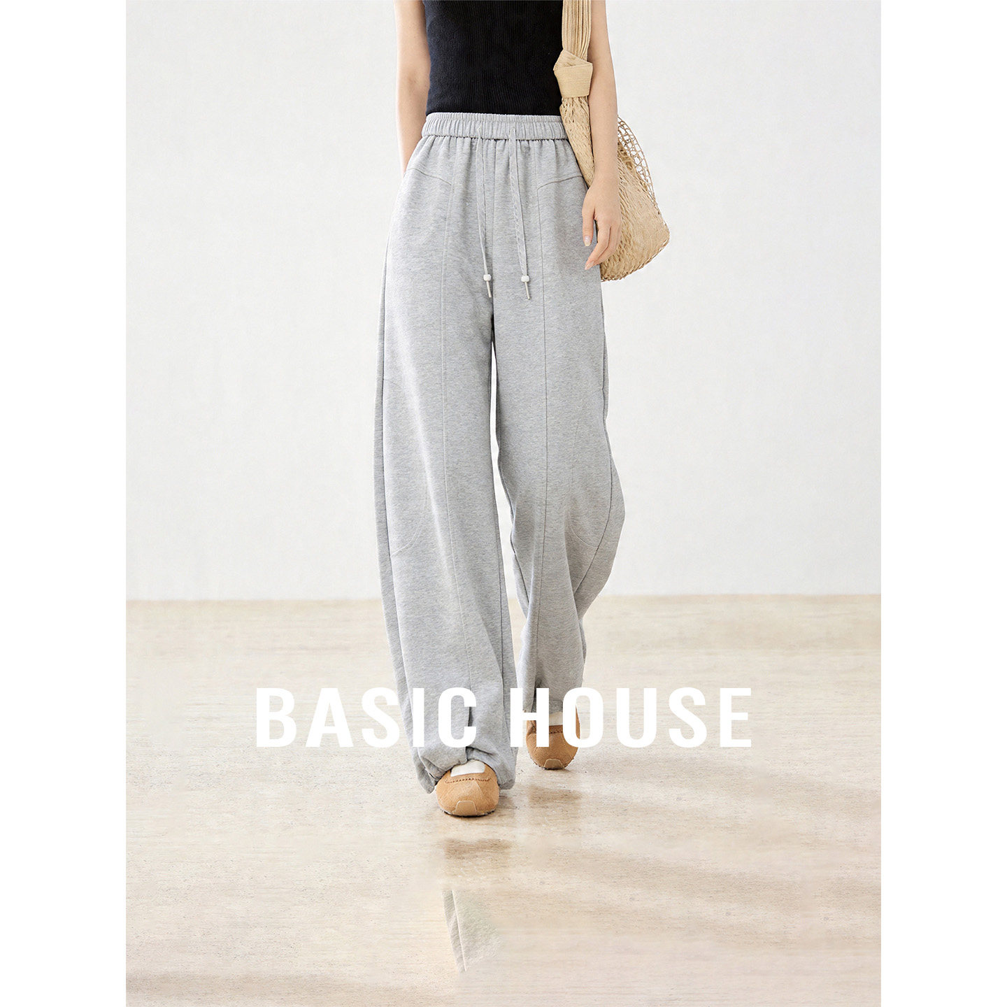Basic House/百家好26夏季高腰抽绳简约弧形休闲裤女舒适束脚卫裤