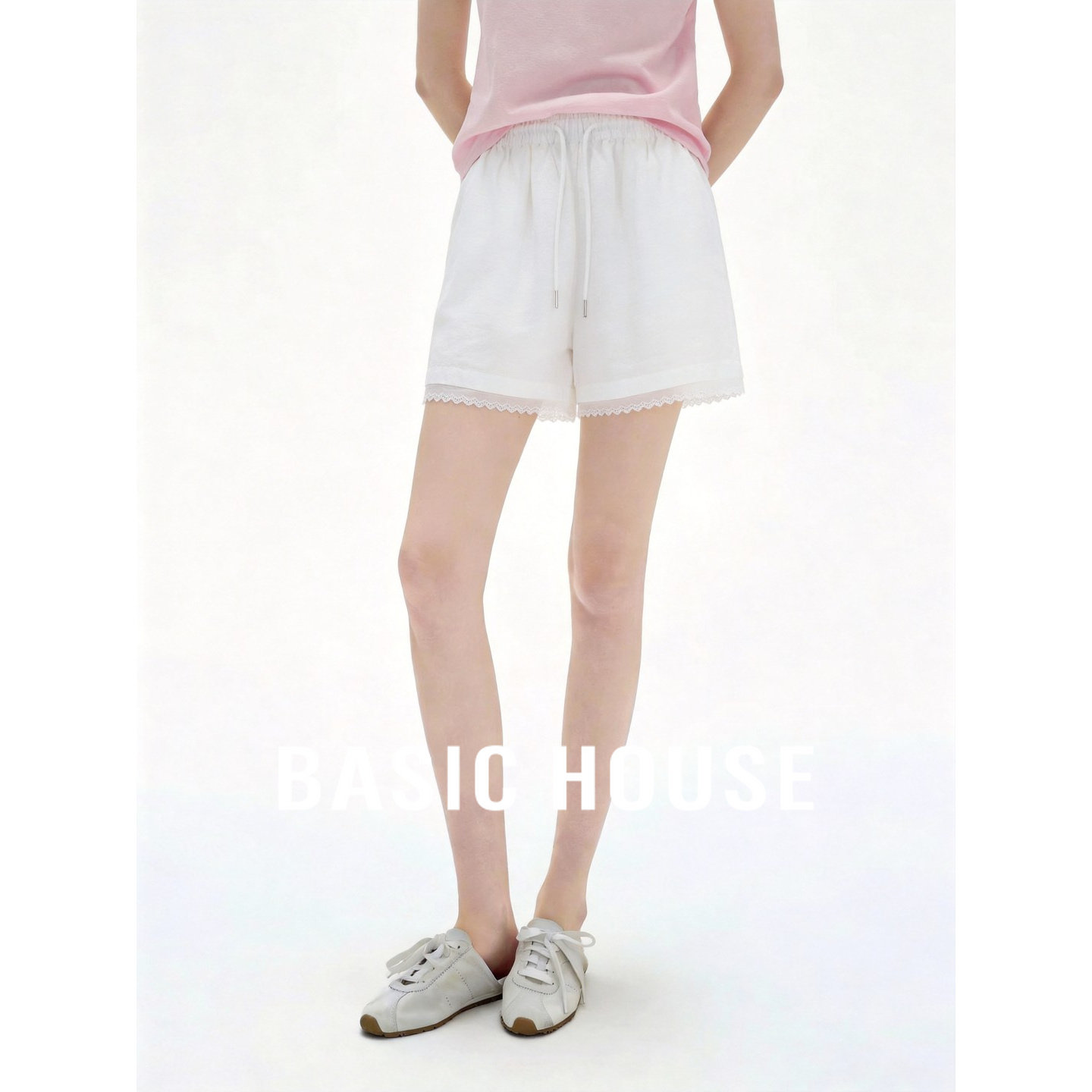Basic House/百家好莱赛尔蕾丝边短裤女夏白色休闲裤宽松显瘦百搭