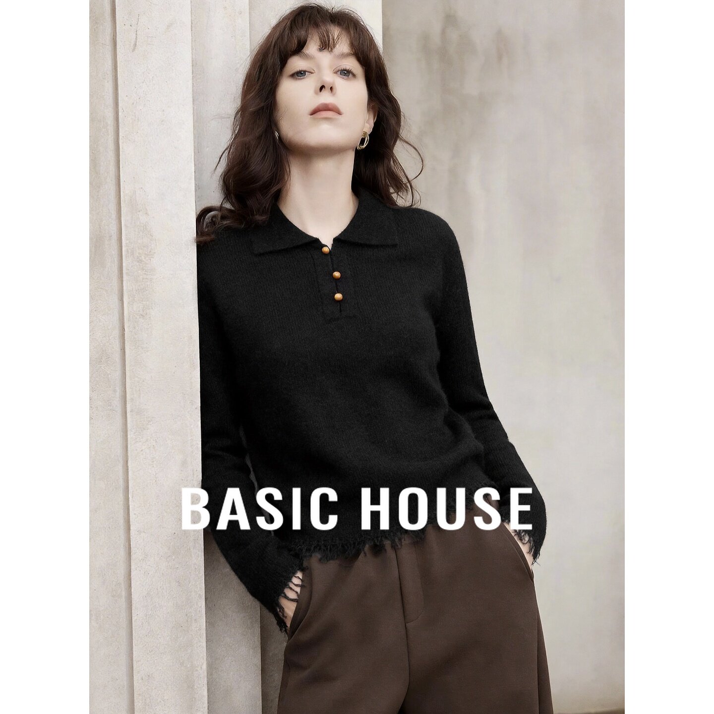 Basic House/百家好黑色翻领针织衫女修身设计感流苏套头毛衣薄款