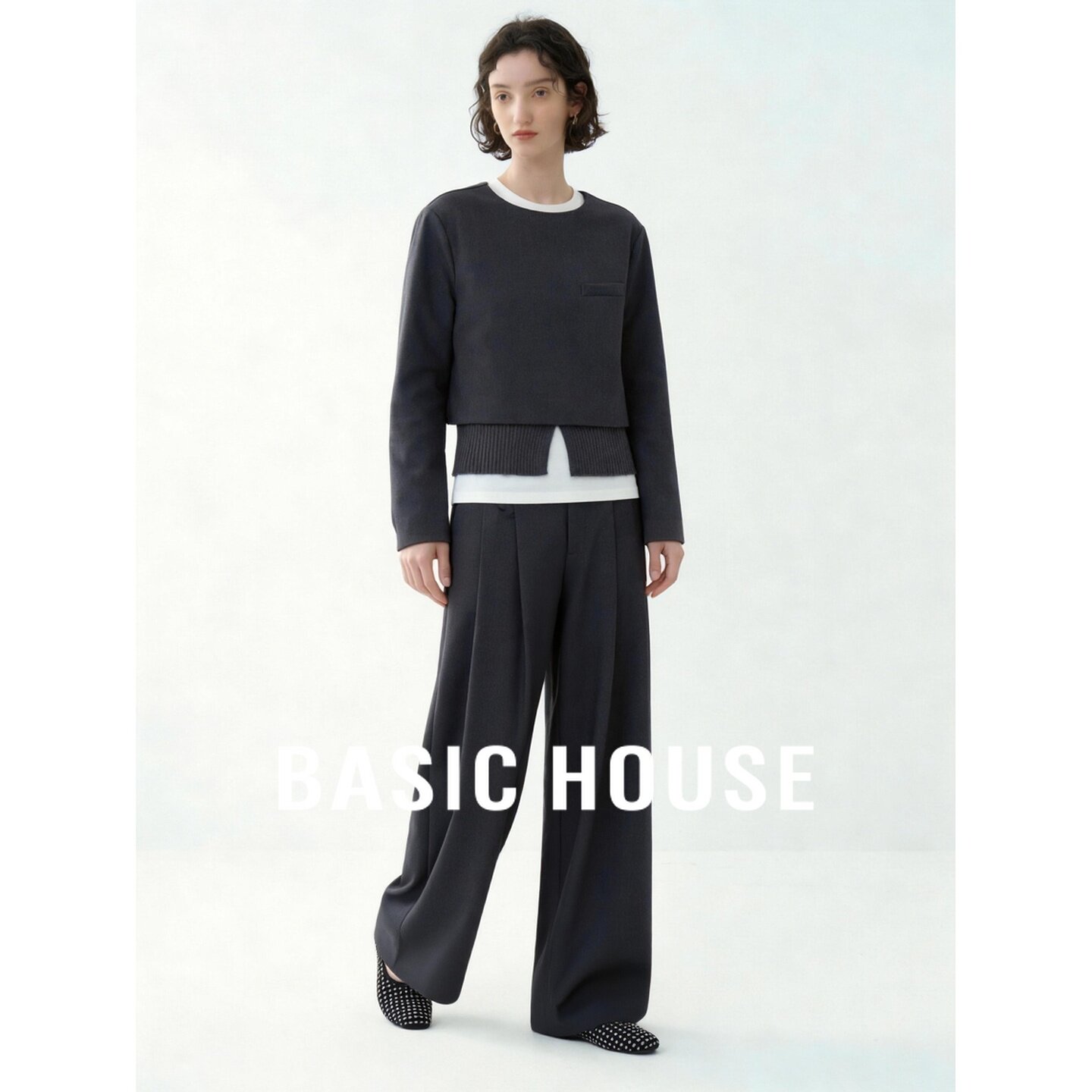 Basic House/百家好高级感休闲假两件拼接针织衫阔腿裤套装女秋季