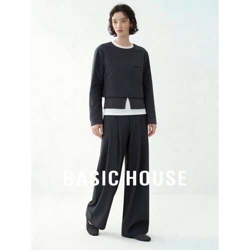 Basic House/百家好高级感休闲假两件拼接针织衫阔腿裤套装女秋季