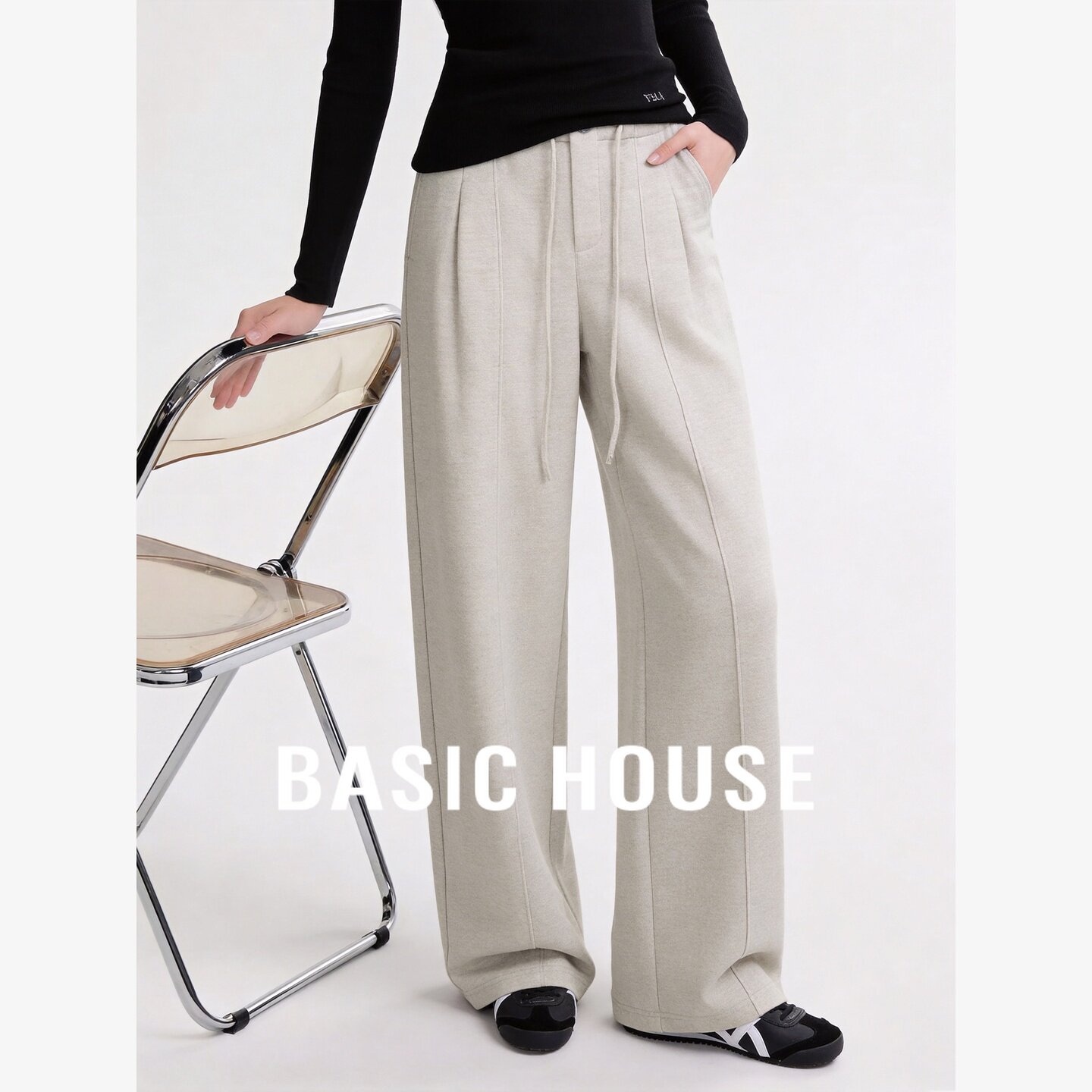 Basic House/百家好高腰极简抽绳阔腿裤女装宽松显瘦百搭休闲长裤