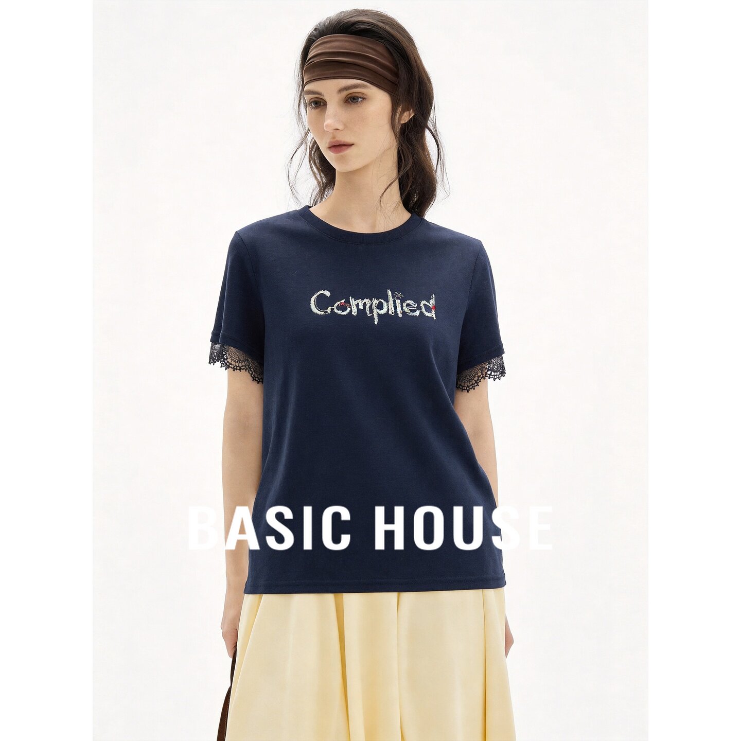 Basic House/百家好藏青色蕾丝袖短袖T恤女宽松透气显白通勤上衣