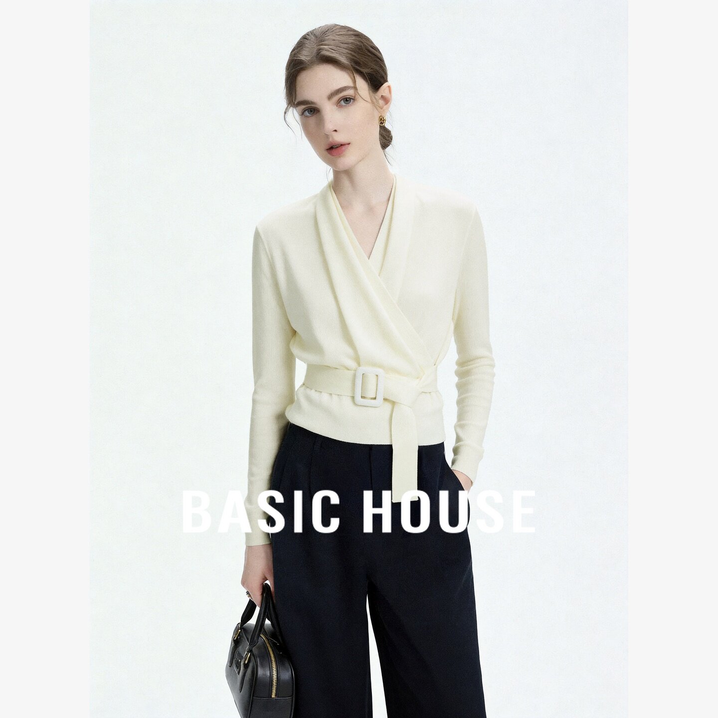 Basic House/百家好莱赛尔围裹式收腰针织衫配腰带优雅长袖上衣女