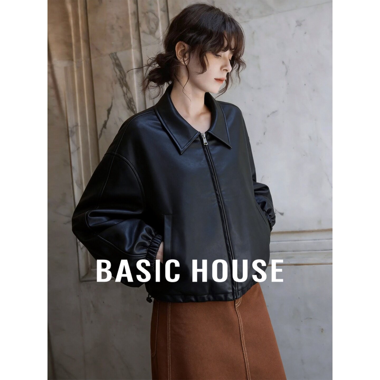Basic House/百家好2026秋黑色翻领宽松简约短款长袖皮质感短外套