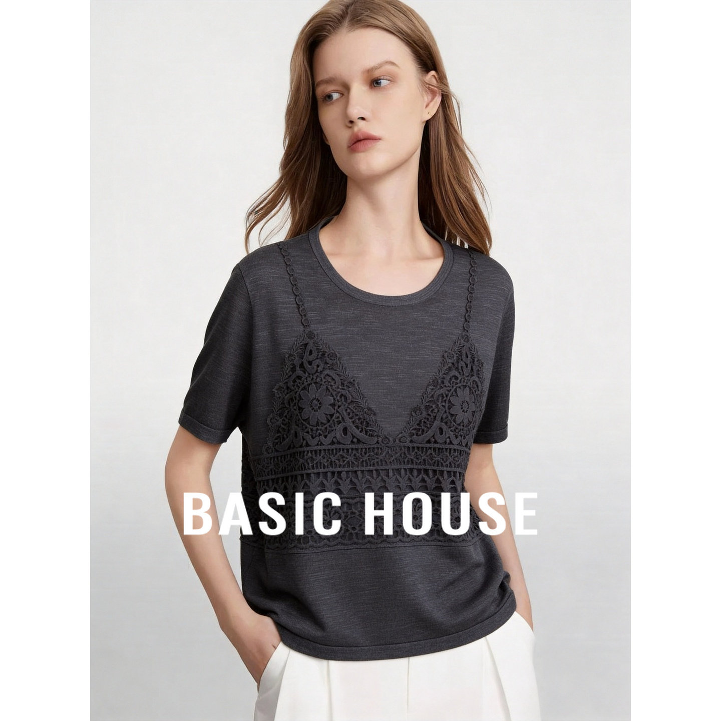 Basic House/百家好假两件蕾丝拼接短袖针织衫女夏季优雅针织上衣