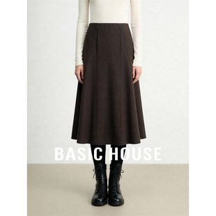 Basic House/百家好26冬季新款高腰宽松中长款半身裙女百搭A字裙