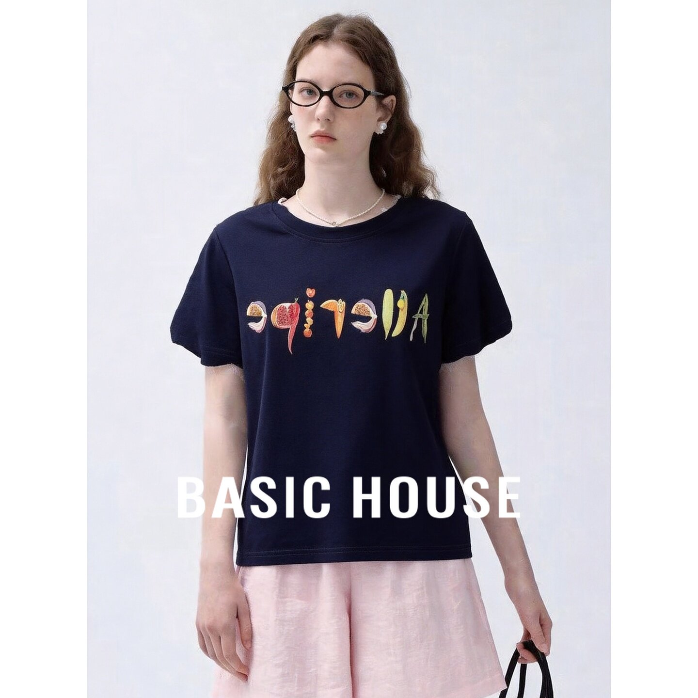 Basic House/百家好休闲风藏青色短袖T恤女夏含棉上衣通勤穿搭