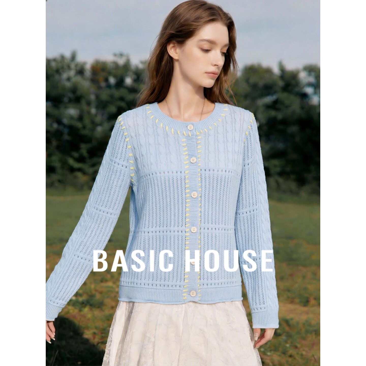 Basic House/百家好温柔镂空针织开衫女秋蓝色撞色缝线设计感上衣