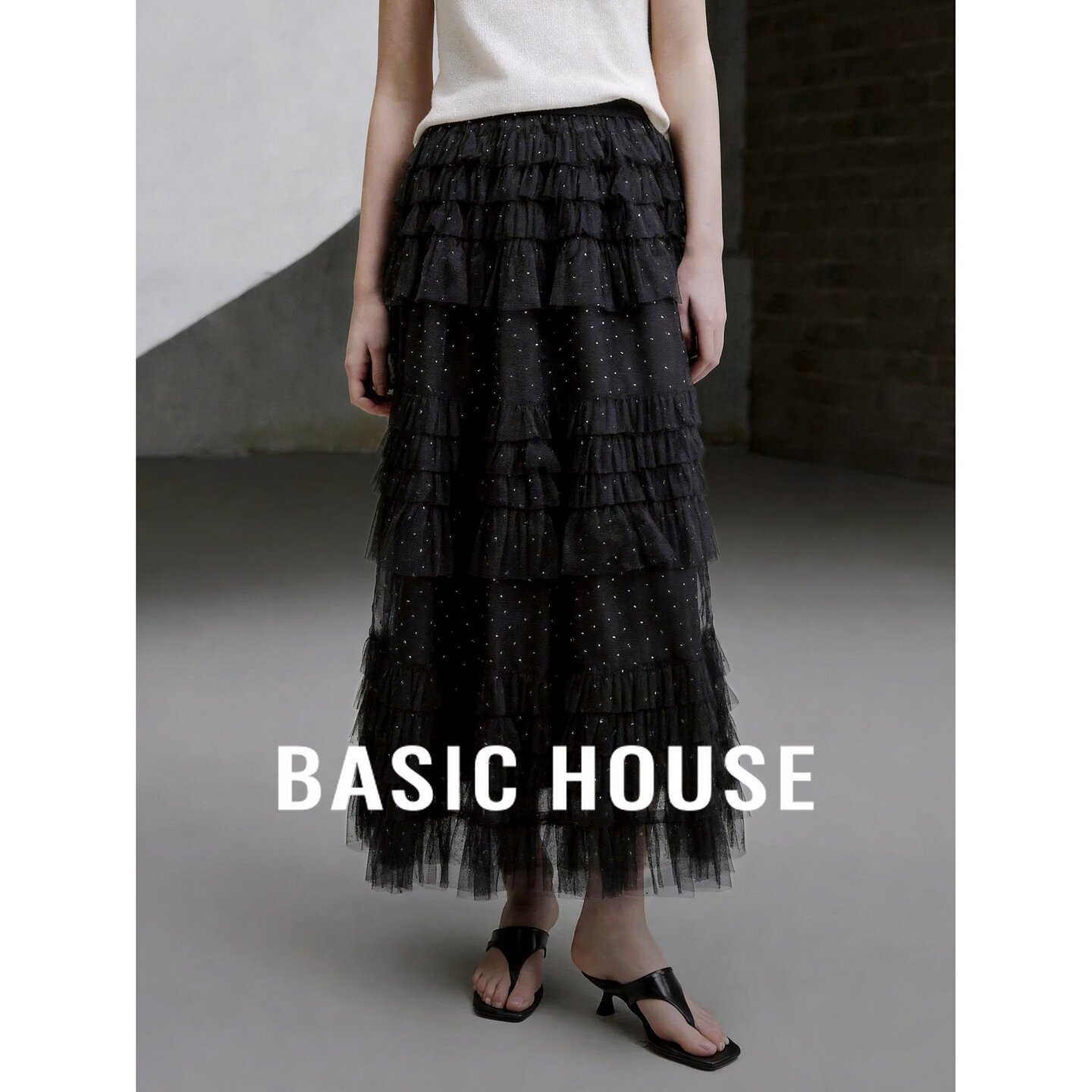 Basic House/百家好2026黑色波点蛋糕裙女夏季设计感中长款纱裙