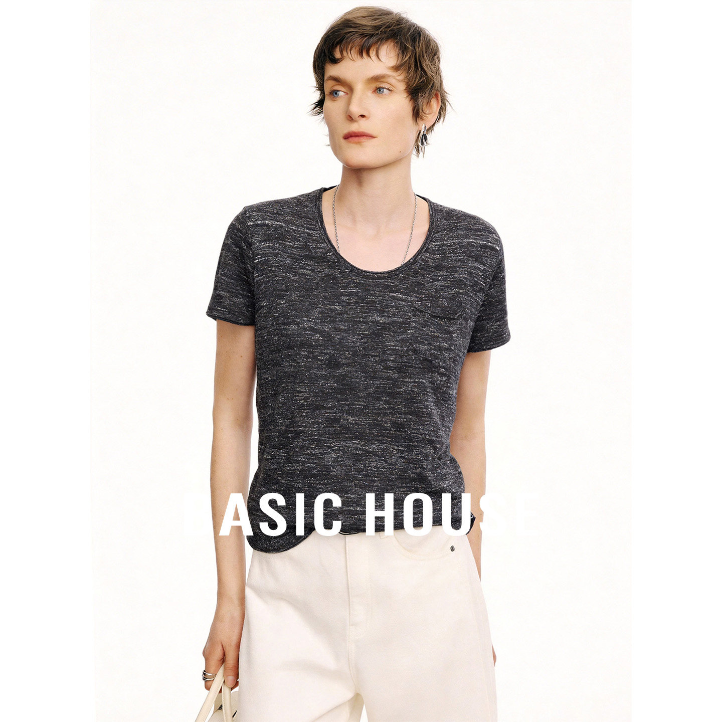 Basic House/百家好黑灰色基础简约短袖针织衫女夏季腈纶透气上衣