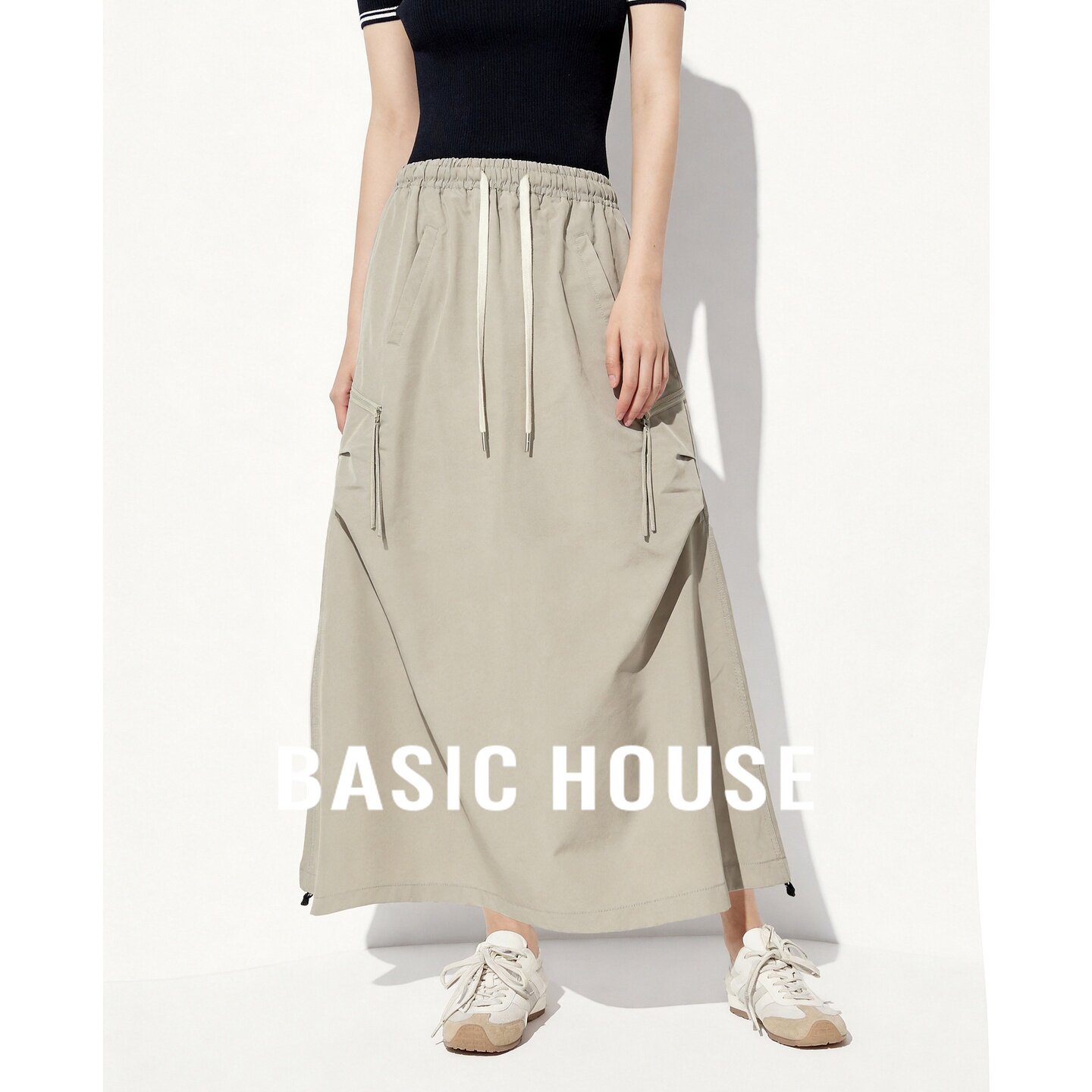 Basic House/百家好工装风半身裙女2026夏季卡其色A字遮肉中长裙