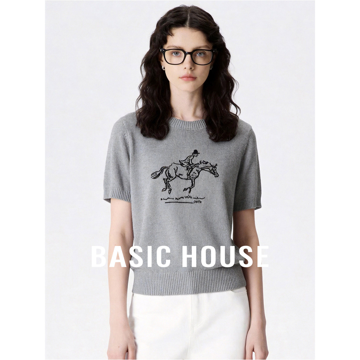 Basic House/百家好灰色莱赛尔透气套头上衣女夏季宽松显瘦针织衫