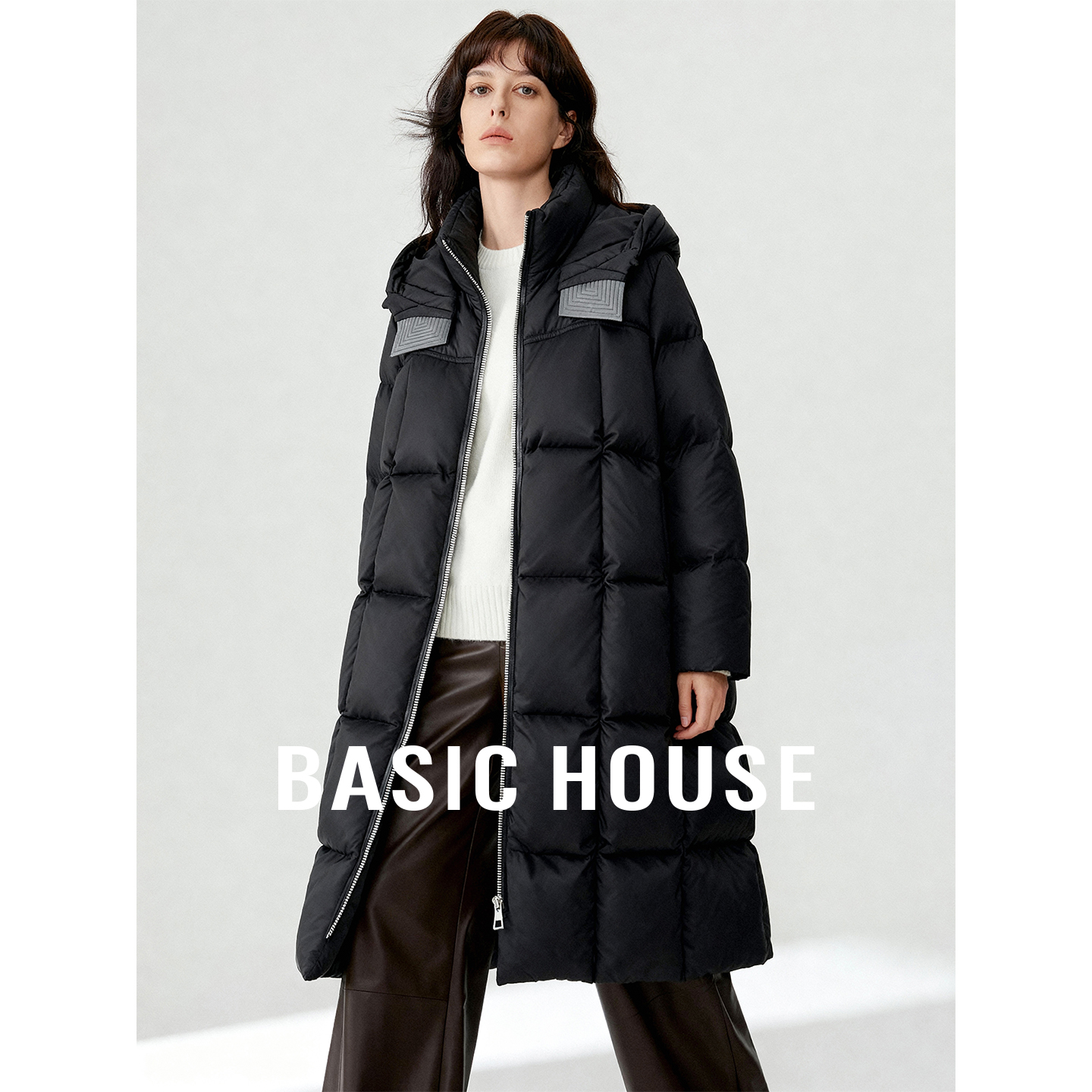 Basic House/百家好25冬季加厚防寒中长款羽绒服女白鸭绒保暖外套