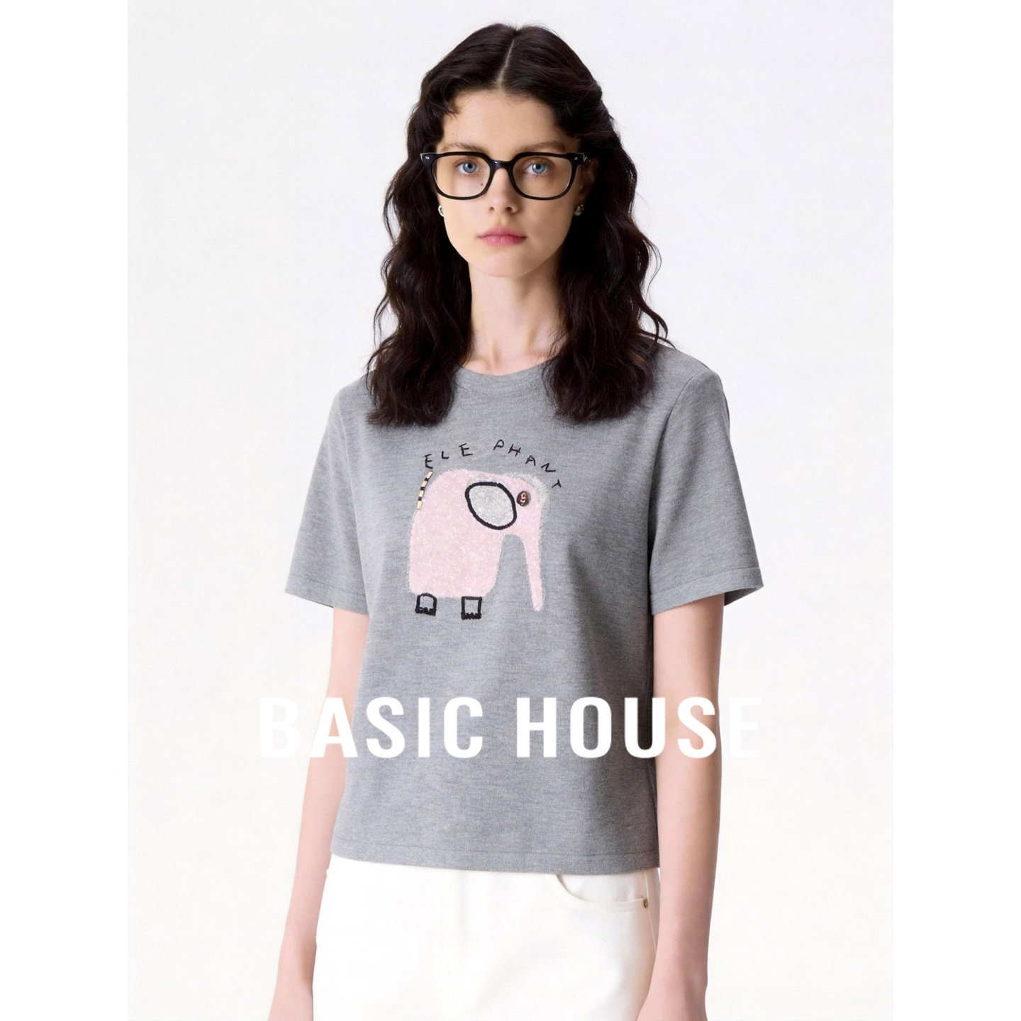 Basic House/百家好新款灰色大象图案短袖女夏季宽松圆领百搭上衣