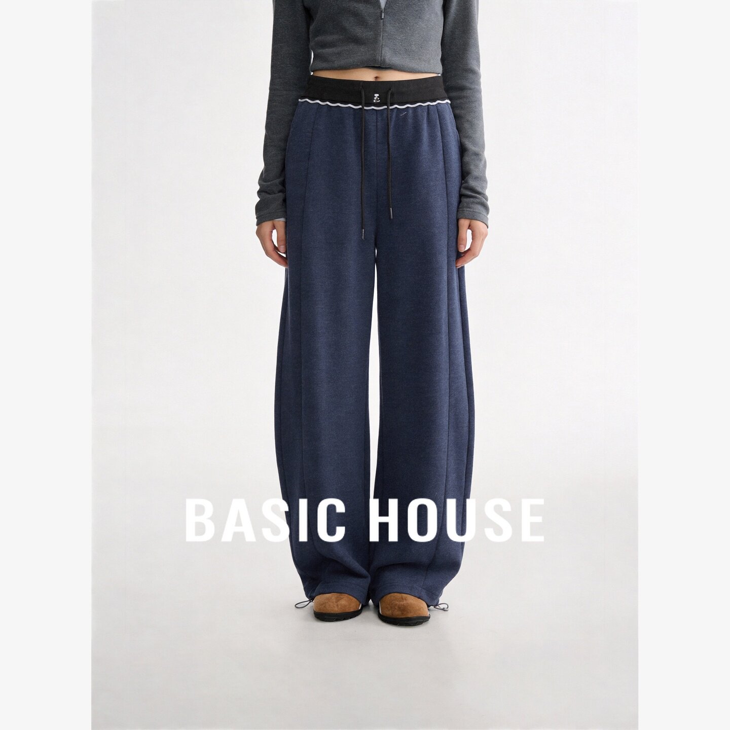 Basic House/百家好高腰撞色抽绳阔腿裤女装宽松休闲遮肉显瘦长裤
