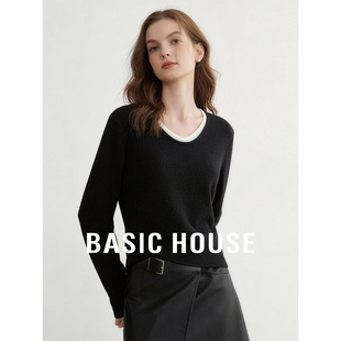 Basic House/百家好黑色V领假两件长袖羊毛T恤女春宽松百搭打底衫