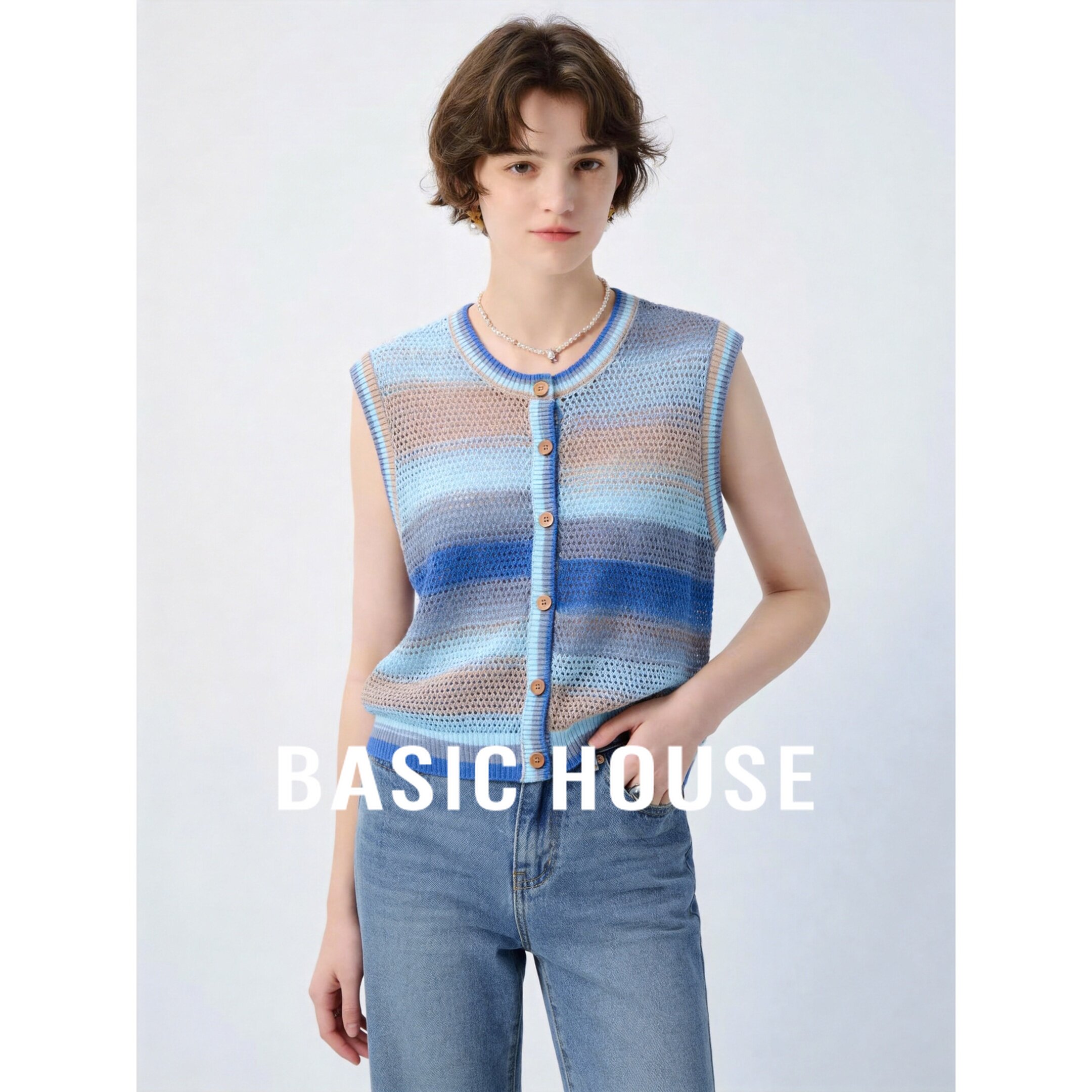 Basic House/百家好蓝色条纹无袖马甲女圆领纽扣百搭叠穿针织开衫