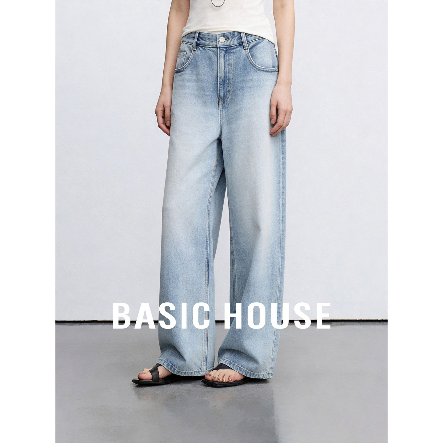 Basic House/百家好高腰水洗直筒牛仔裤秋季新款百搭阔腿长裤子女