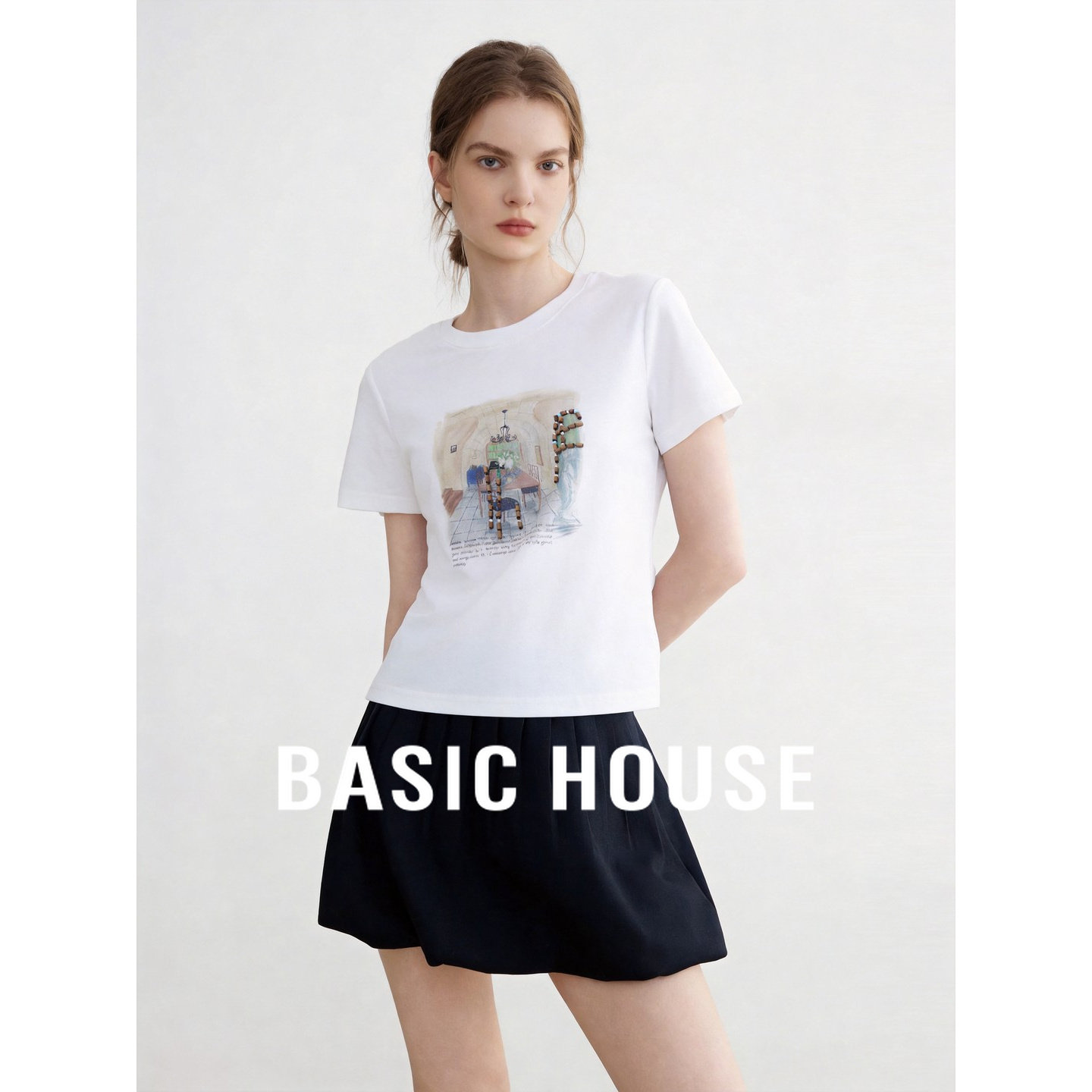 Basic House/百家好韩系印花短袖女2026夏新款白色简约小个子T恤