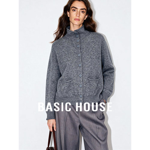 Basic House/百家好26秋冬新款灰色立领纯色简约版毛衣女保暖上衣