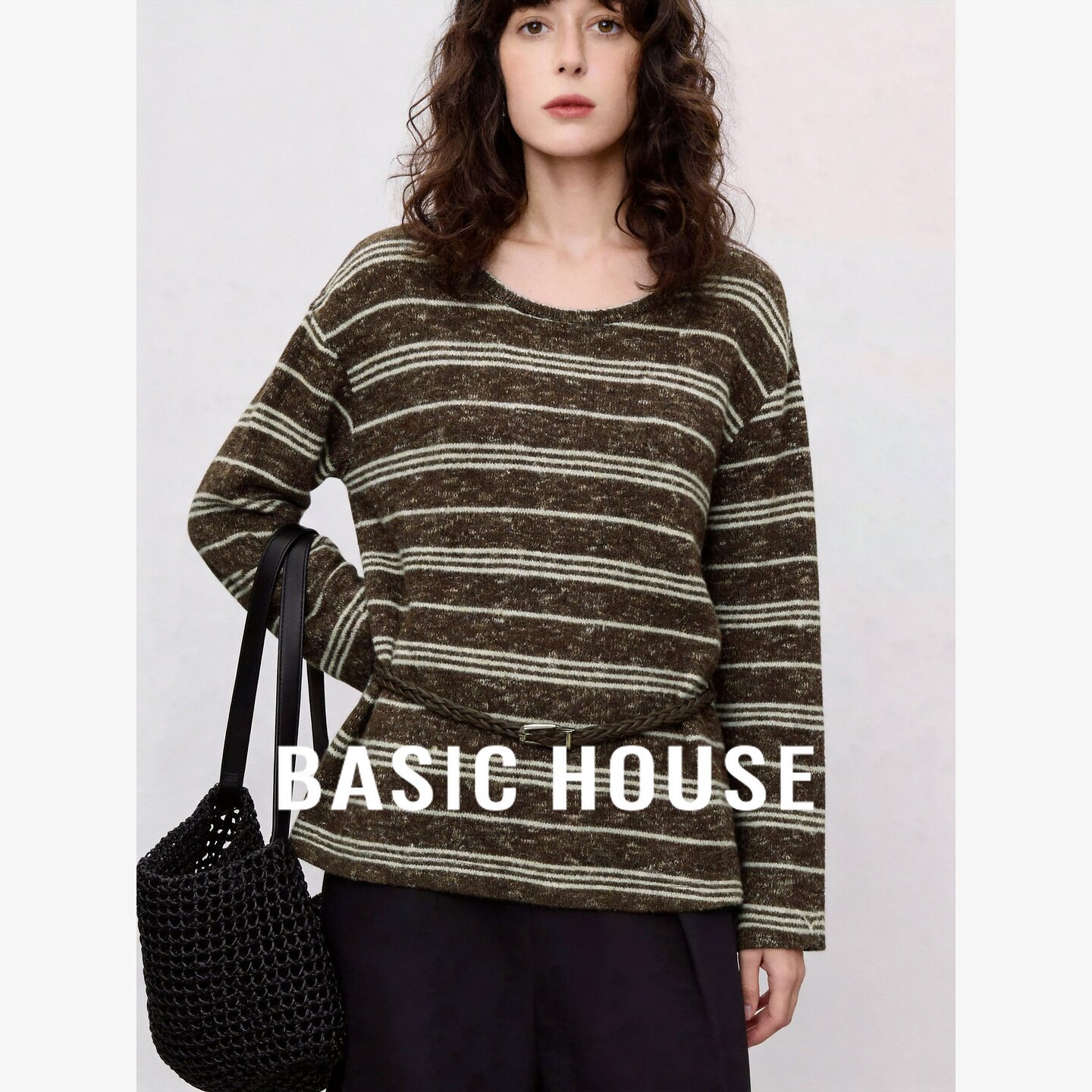 Basic House/百家好条纹设计感腰带收腰长袖T恤女装宽松显瘦上衣